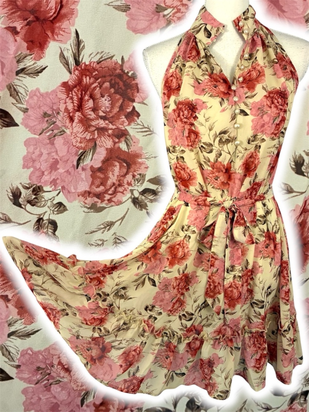 Cottagecore Pearl Button Dress M Pink Cream Floral Roses Sleeveless Chiffon